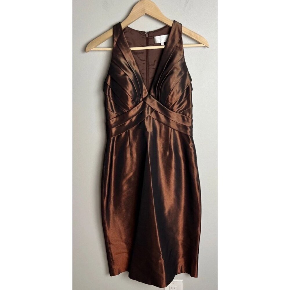 Badgley Mischka Bronze Brown Iridescent Cocktail Dress Sleeveless Ruched Vintage